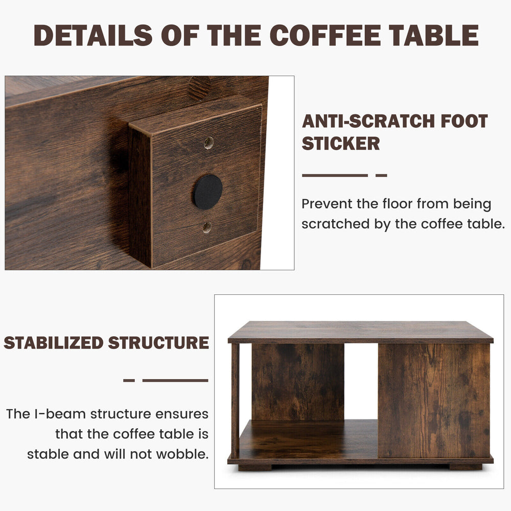 Rustic brown 2-tier coffee table with anti-scratch foot pads and stabilized structure, perfect for living room use.