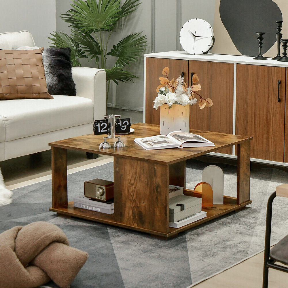 Square rustic brown coffee table with two tiers, storage space, and non-slip foot pads for living room or home office.