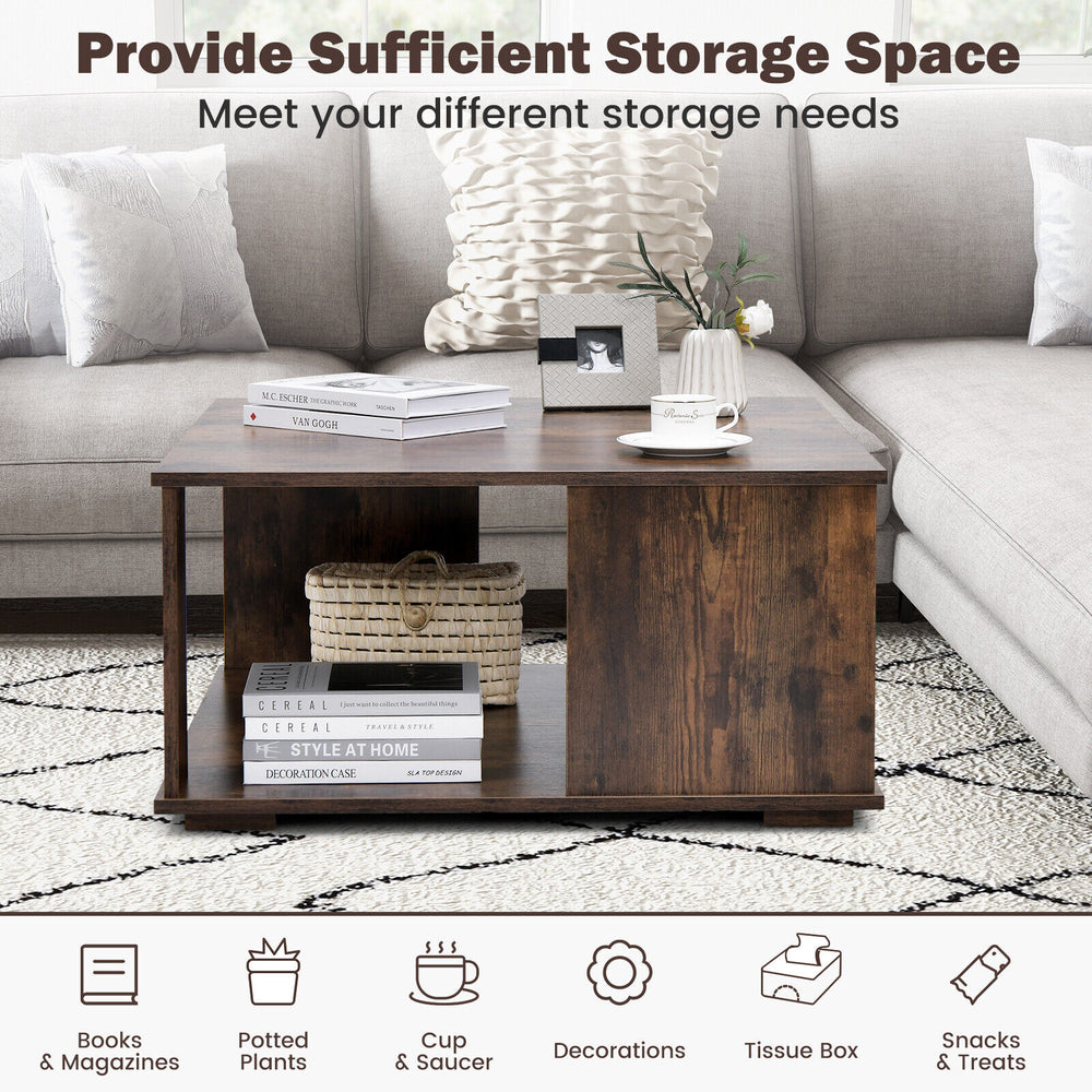 Rustic brown 2-tier coffee table with storage, featuring a sturdy design and non-slip foot pads for versatile use.