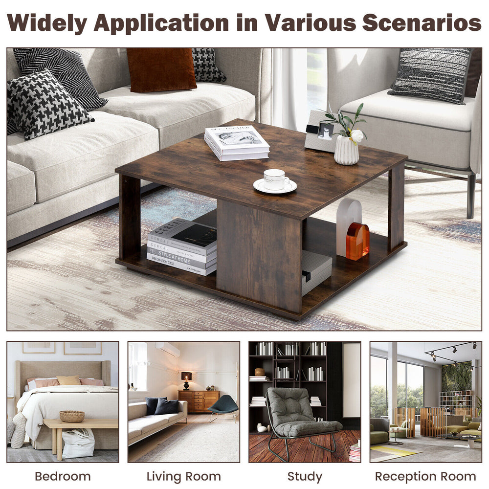 Rustic brown 2-tier coffee table with storage, non-slip foot pads, perfect for living room or home office use.