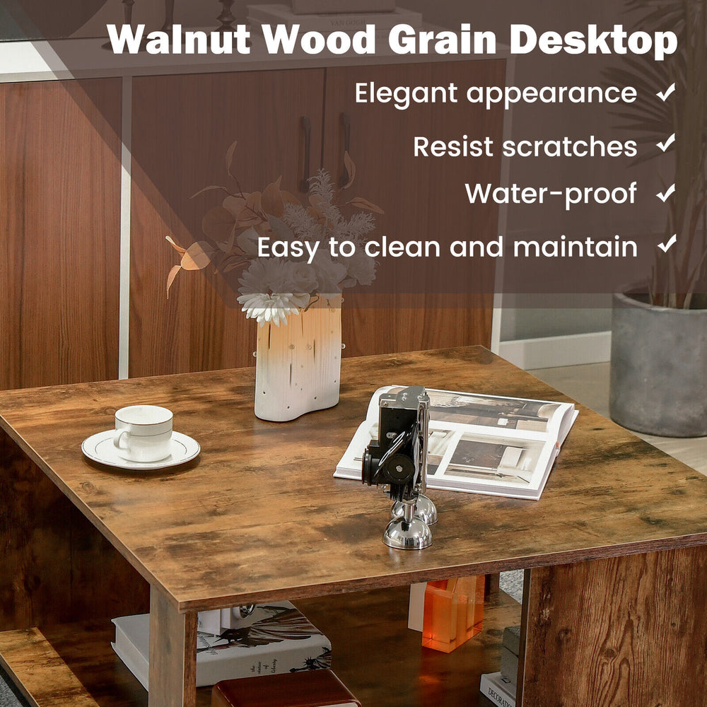 Square coffee table in rustic brown with walnut wood grain, featuring two tiers and non-slip foot pads for stability.