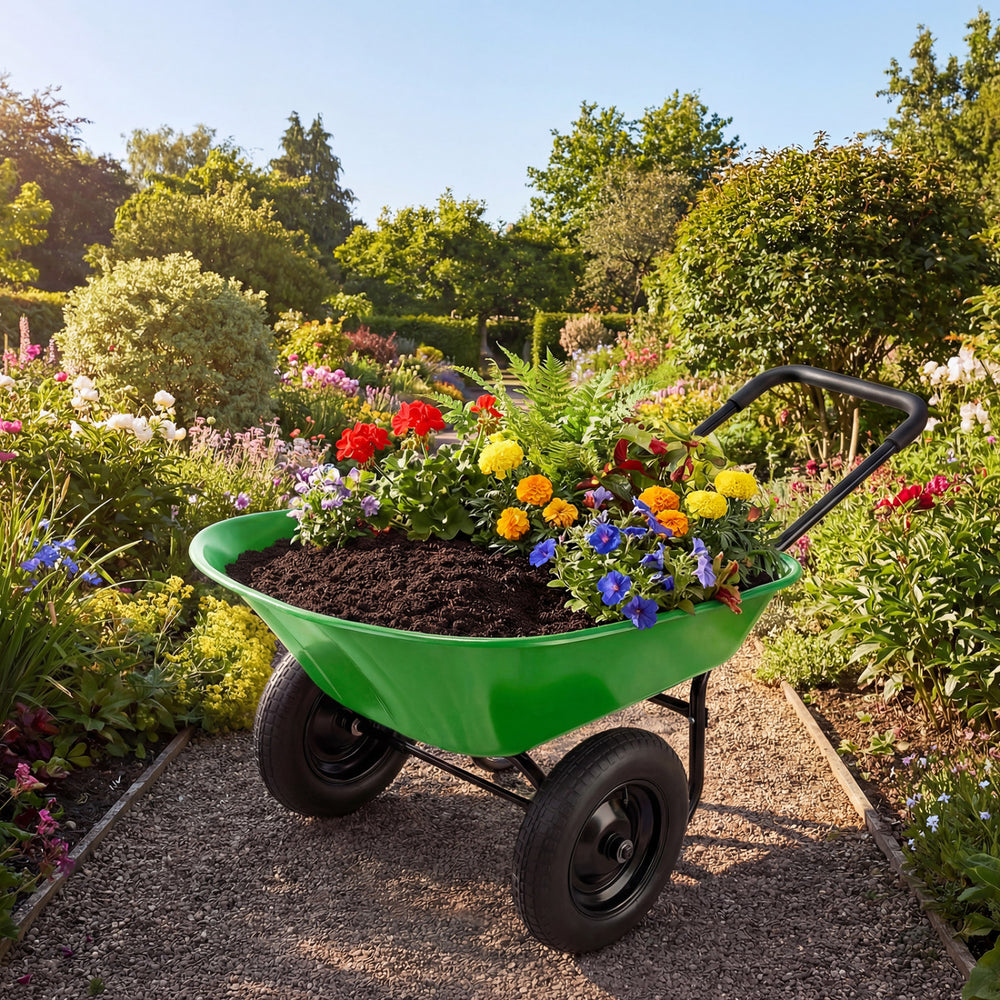 Heavy-duty light green wheelbarrow cart with flowers and soil, featuring a steel frame and 13-inch pneumatic tires.