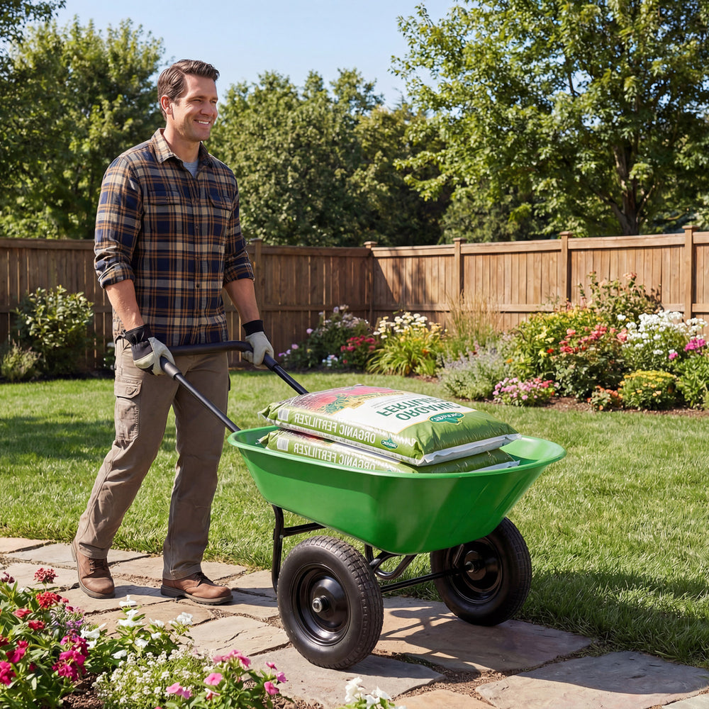 Heavy-duty light green utility cart with 330 lbs capacity, 13-inch tires, ideal for garden and outdoor tasks.
