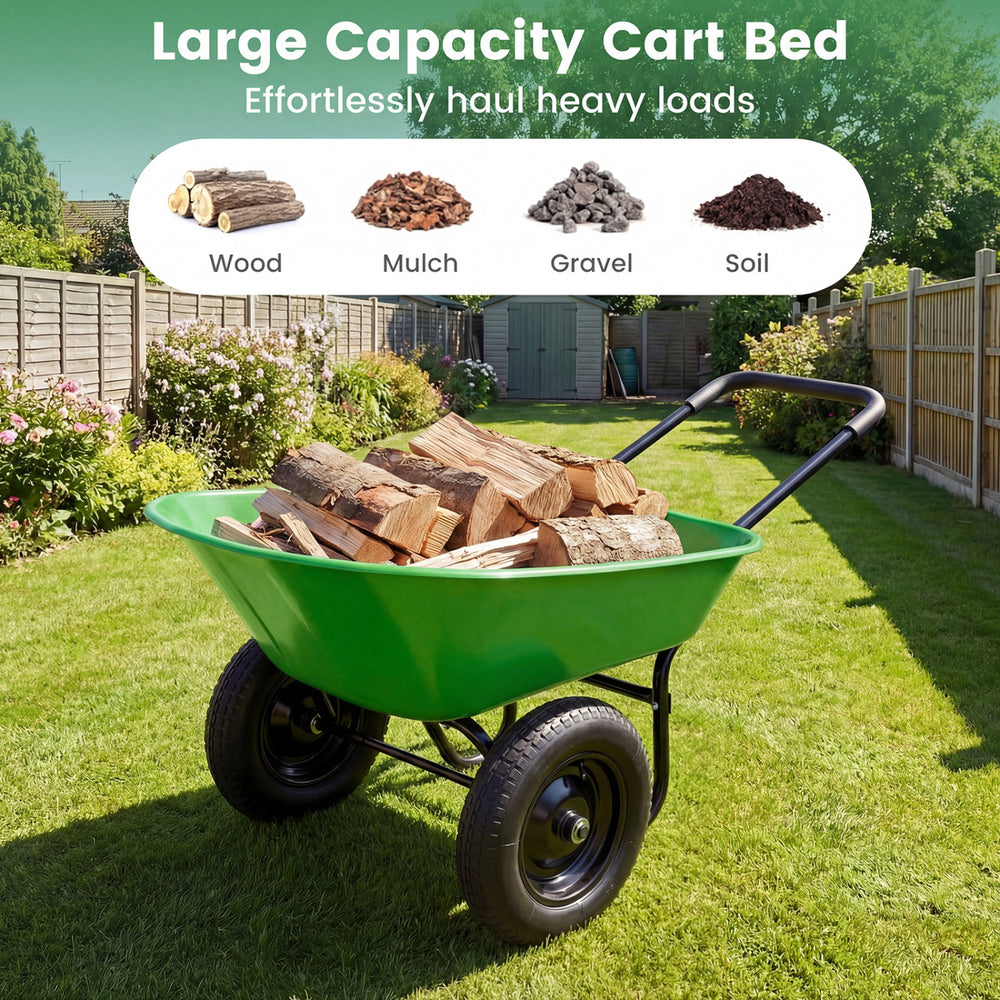 Heavy-duty light green utility cart with large capacity, 330 lbs hauling, ideal for garden and outdoor use.