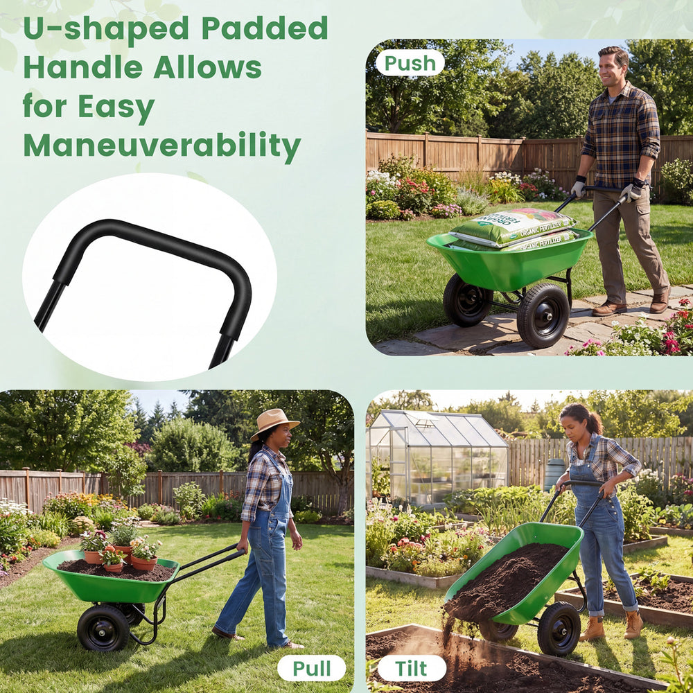 U-shaped padded handle of the heavy-duty garden cart for easy maneuverability, ideal for hauling up to 330 lbs.
