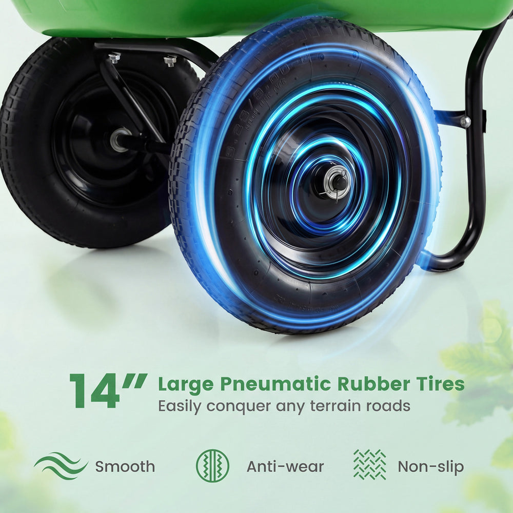 14" large pneumatic rubber tire of the heavy-duty dolly utility cart for smooth, non-slip movement on various terrains.