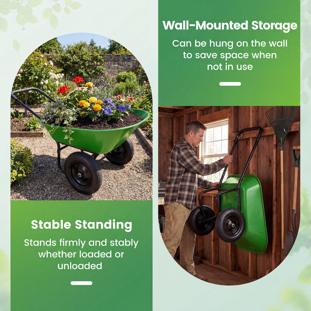 Heavy-duty light green wheelbarrow with a stable steel frame and 330 lbs capacity, ideal for garden and patio use.