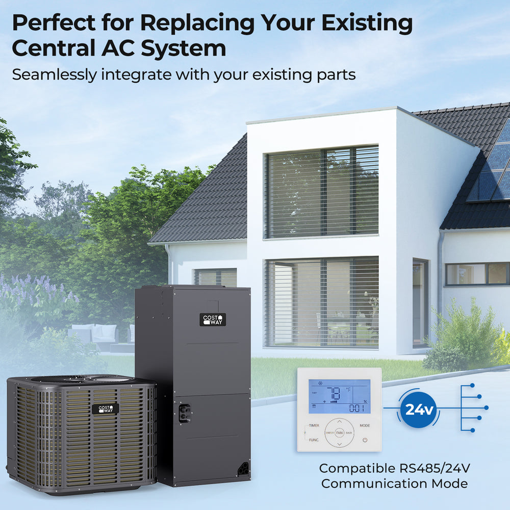 2 Ton 18 SEER2 heat pump system with indoor unit, outdoor unit, and wall thermostat for seamless central AC replacement.
