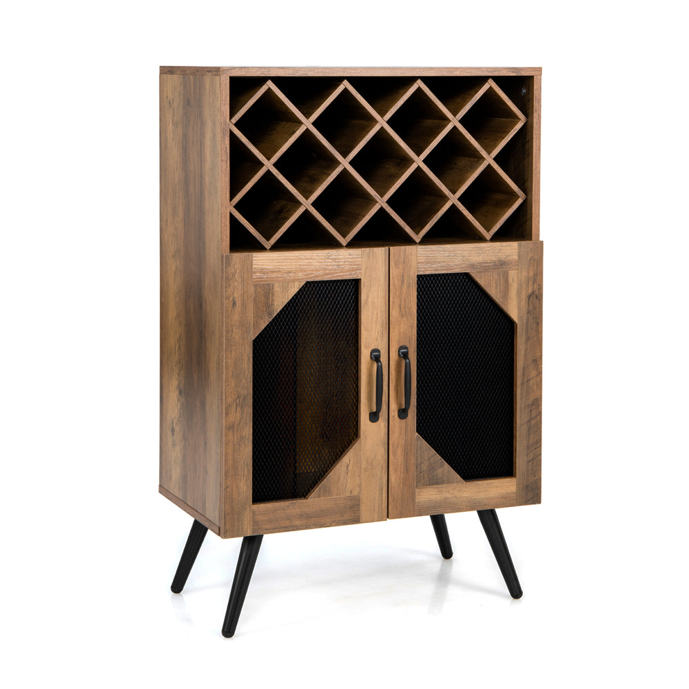 Farmhouse kitchen storage bar cabinet in rustic brown featuring raised metal legs and anti-slip foot pads for stability.