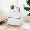 Modern 2-drawer nightstand in white with wood grain accents, perfect for bedroom or living room storage.