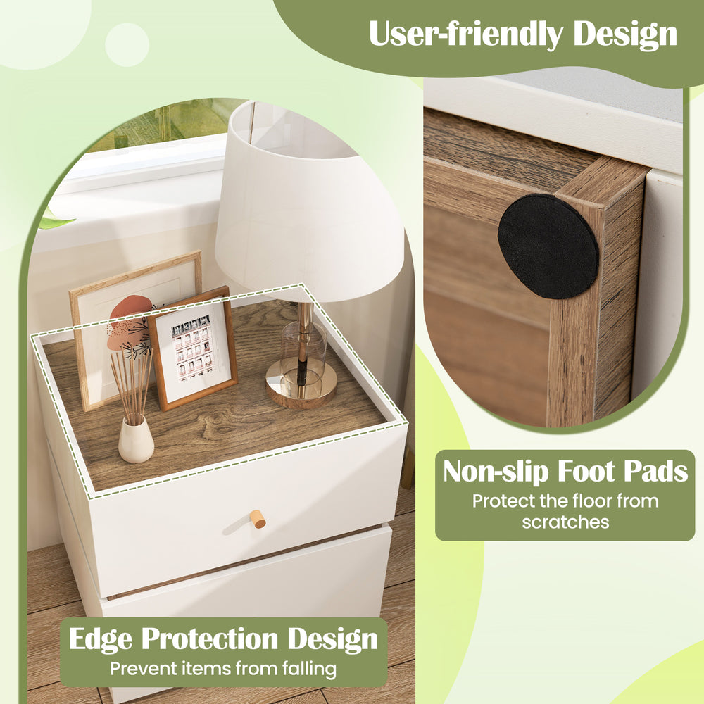 2-drawer modern nightstand with edge protection, non-slip foot pads, and beautiful wood grain for bedroom or living.