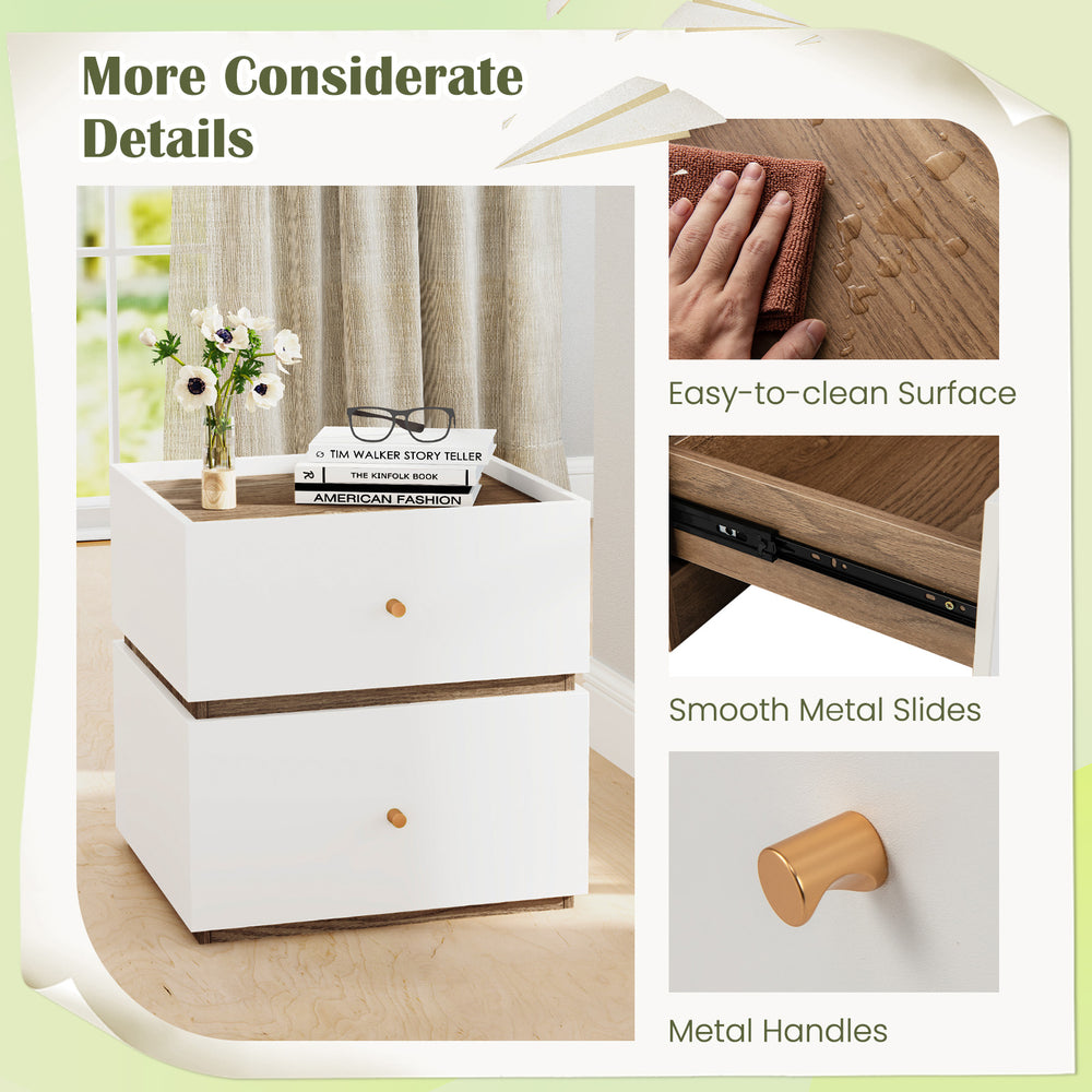 Modern 2-drawer nightstand featuring a smooth metal slide, easy-to-clean surface, and charming wood grain for bedroom.