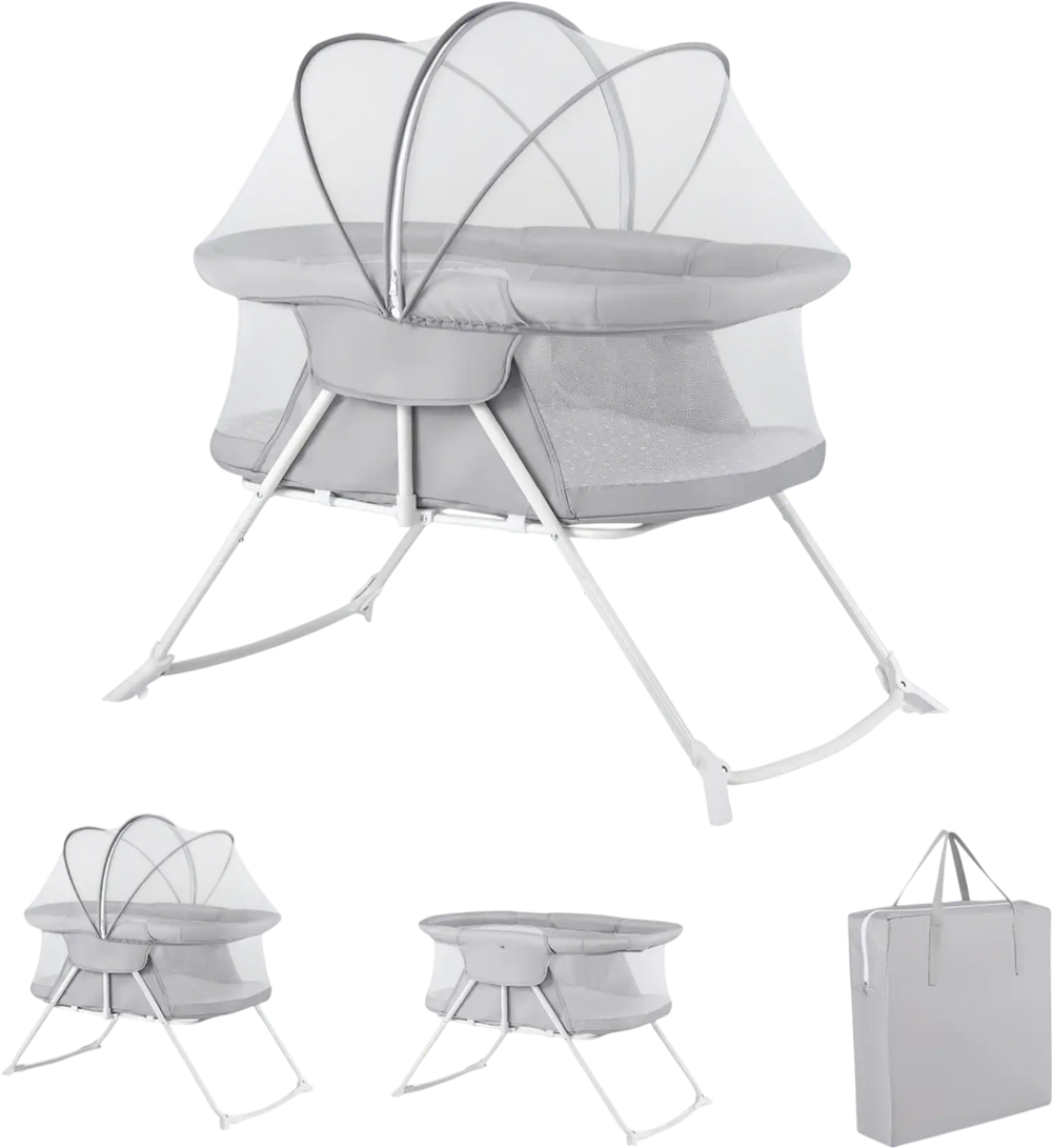 2-in-1 baby bassinet in grey with breathable mesh, foldable design, and rocking motion for safe bedside sleeping.