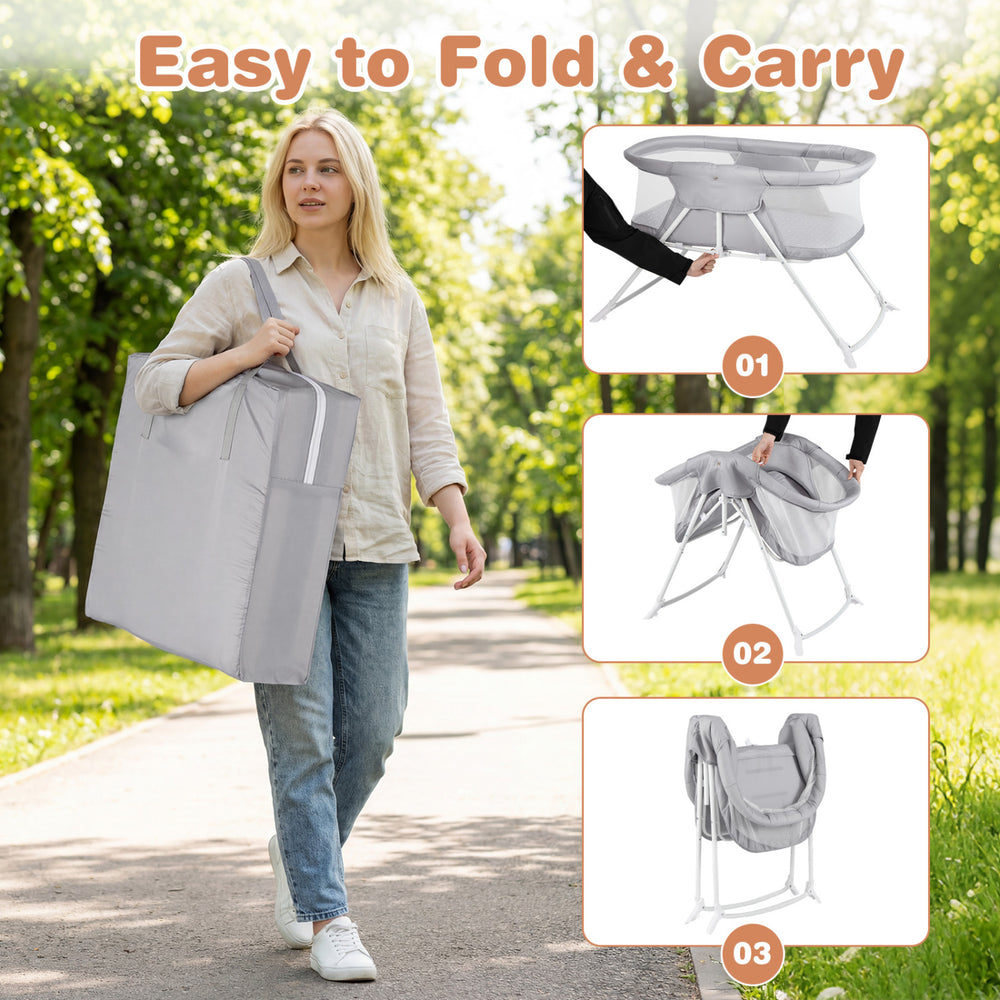 Foldable 2-in-1 baby bassinet in grey with breathable mesh, designed for rocking or stationary use, perfect for safe.