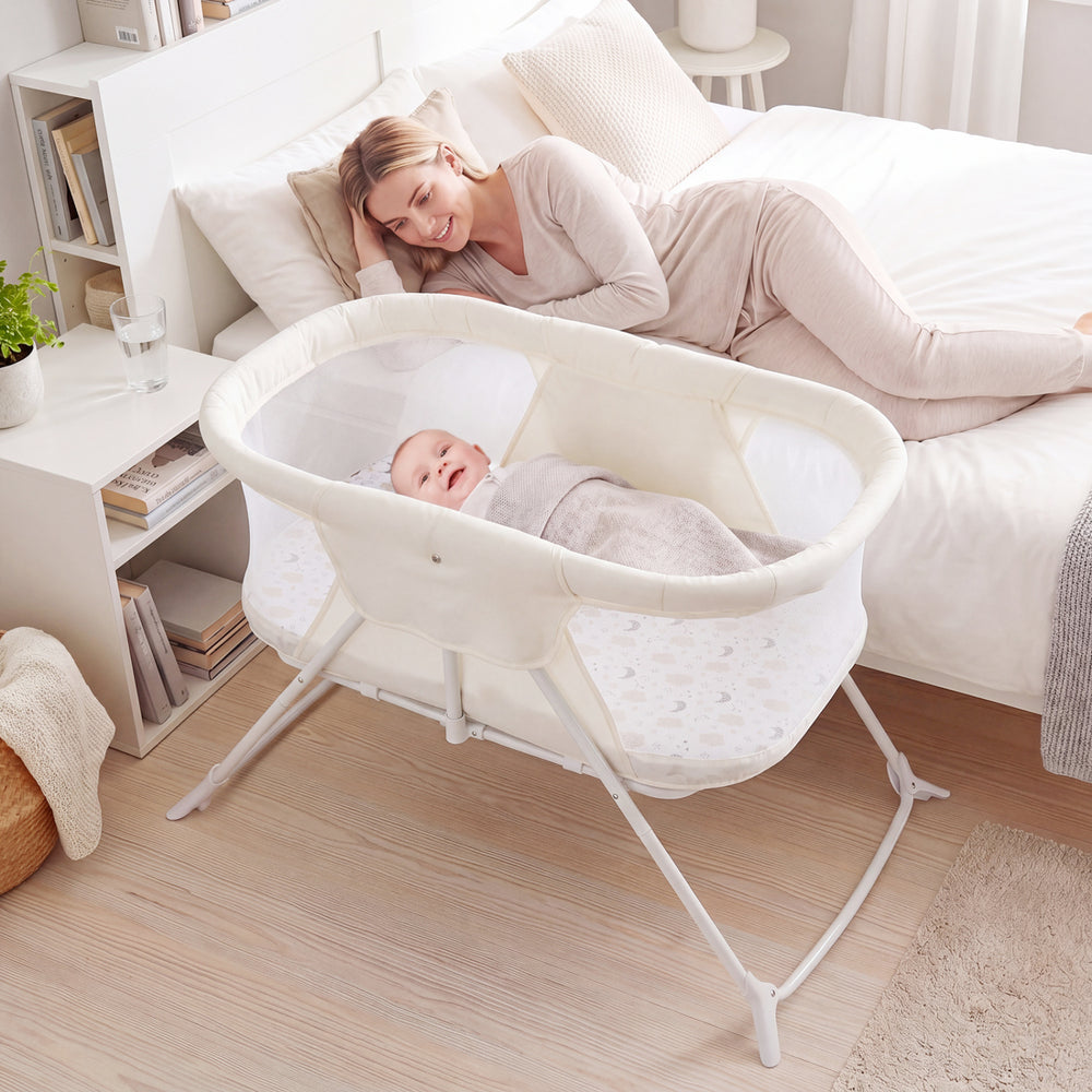 2 in 1 Baby Bassinet with Rocking Motion Foldable Bedside Sleeper with Breathable Mesh-Beige - Gallery View 1 of 10