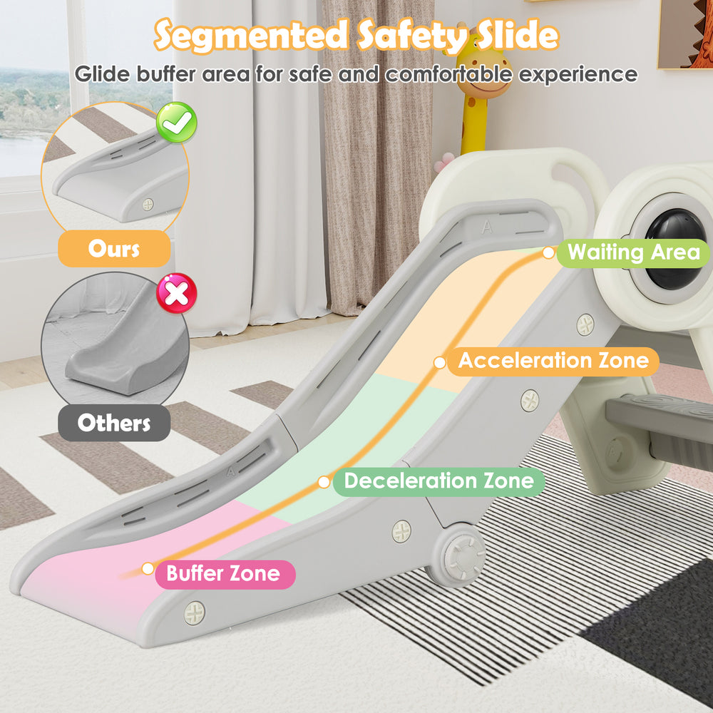 2 in 1 baby slide with astronaut design featuring acceleration, deceleration, and buffer zones for safe play.