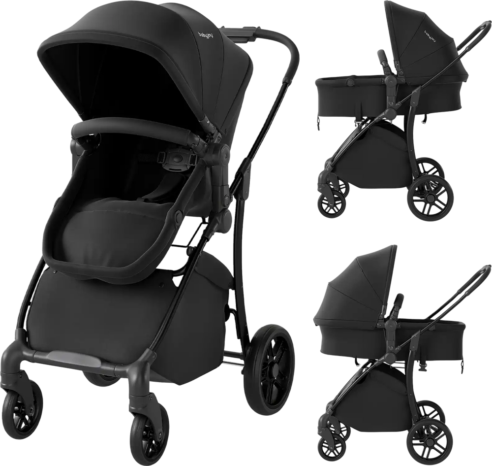 2-in-1 baby stroller in black with bassinet mode, adjustable canopy, and reversible seat for versatile use.