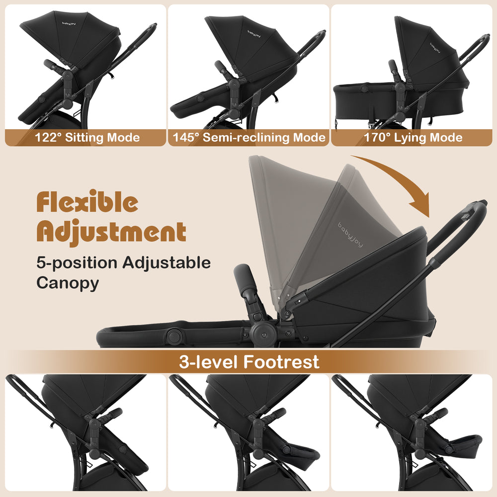 2-in-1 baby stroller in black with adjustable canopy, reclining backrest, and 3-level footrest for versatile comfort.