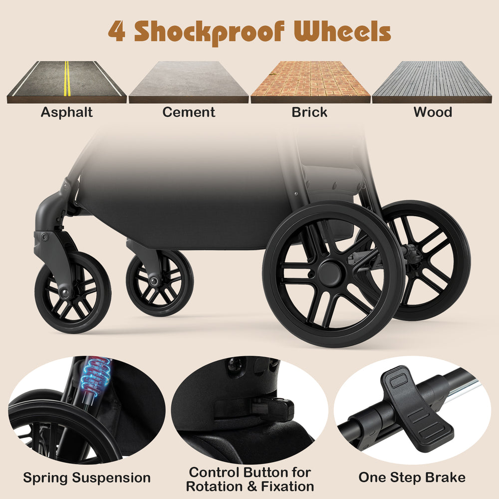 Close-up of the 2-in-1 baby stroller's premium EVA wheels with shockproof design for smooth rides on various surfaces.