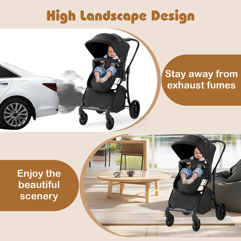 High landscape baby stroller in black with adjustable features, keeping infants away from exhaust fumes for fresh air.