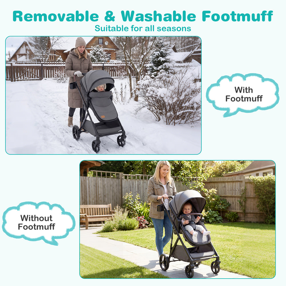 2 in 1 baby stroller in gray with removable footmuff, shown in both winter and summer settings for versatile use.