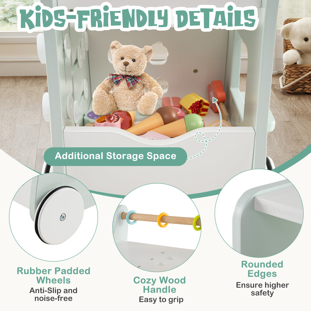Light green 2-in-1 baby walker with storage, featuring rounded edges and rubber padded wheels for safety and fun.