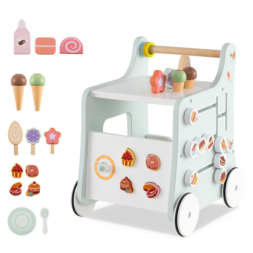 Light green 2-in-1 baby walker with storage, featuring colorful ice cream toys for imaginative play and cognitive.