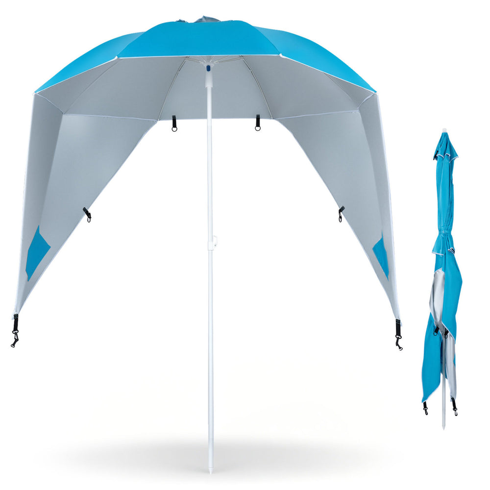 Turquoise 2-in-1 beach shelter umbrella with side panels, featuring adjustable height and convenient fixing tie for easy setup.