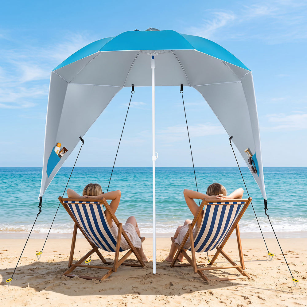 Turquoise 2-in-1 beach shelter umbrella with side panels provides UPF 50+ sun protection for camping and picnics.