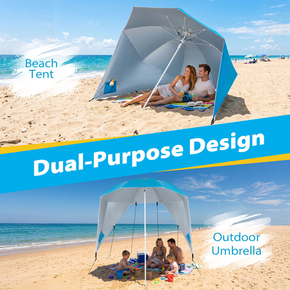 Turquoise 2-in-1 beach shelter umbrella with side panels, providing UPF 50+ sun protection for outdoor activities.