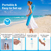 Turquoise 2-in-1 beach shelter umbrella with side panels, UPF 50+, ideal for camping, picnics, and outdoor events.