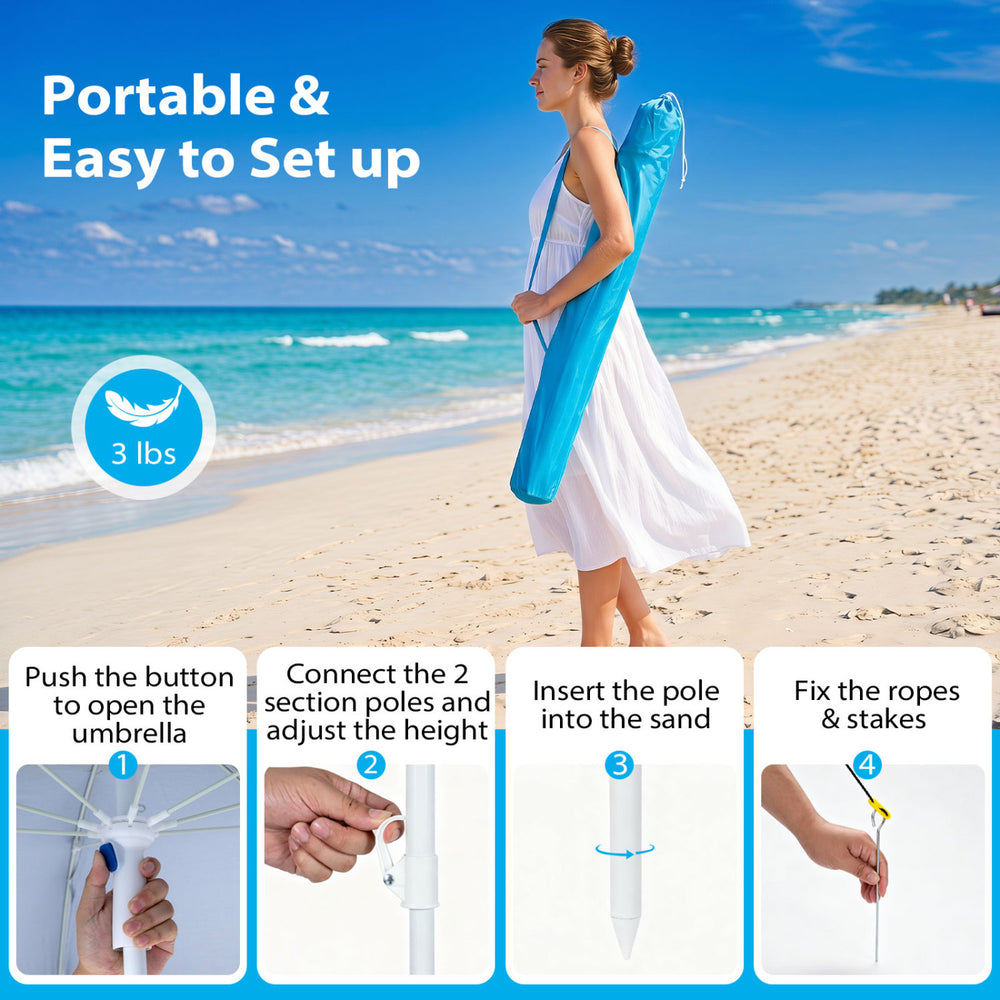 Turquoise 2-in-1 beach shelter umbrella with side panels, UPF 50+, ideal for camping, picnics, and outdoor events.