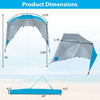 Product dimensions of the turquoise 2-in-1 beach shelter umbrella with side panels for camping and picnics.