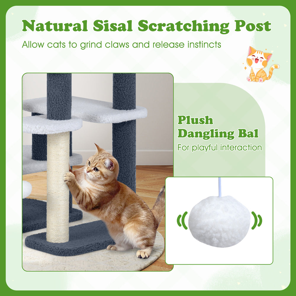 Cat tree tower with scratching posts and plush dangling ball, designed for climbing and playful interaction.