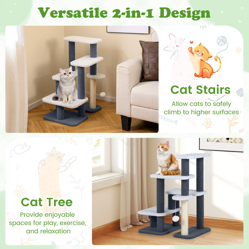 2-in-1 cat stairs and tree in gray with four platforms, scratching posts, and a plush dangling ball for play and.