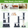 Cat stairs and tree tower in gray with scratching posts, plush ball, ideal for small or senior pets to climb safely.