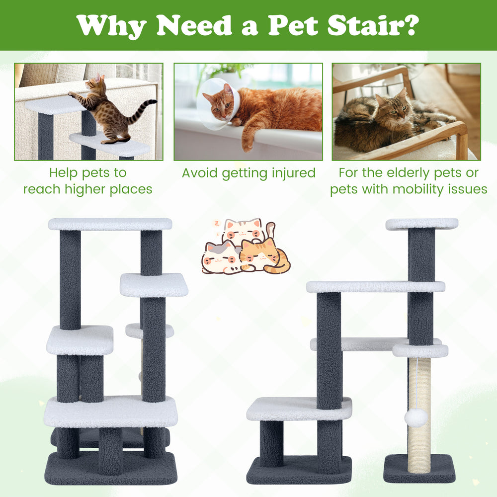 Cat stairs and tree tower in gray with scratching posts, plush ball, ideal for small or senior pets to climb safely.