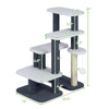 Cat tree tower with gray faux sherpa, featuring 4 platforms, scratching post, and hanging toy ball for playful climbing.