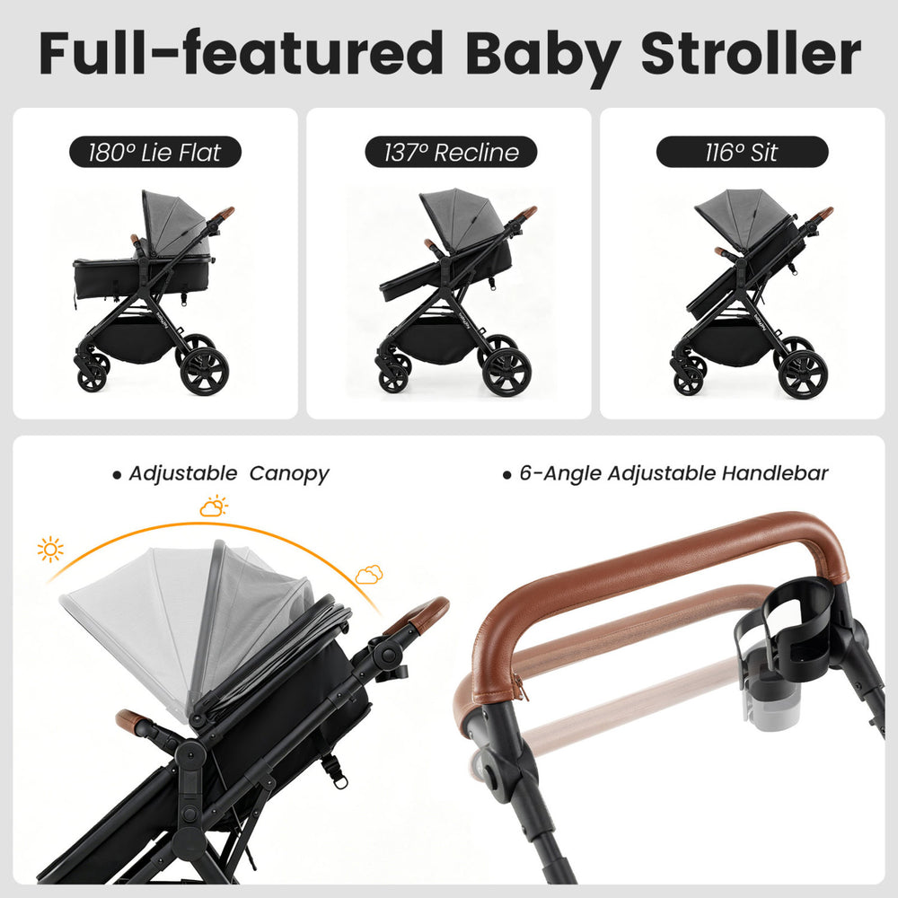 Convertible baby stroller in gray with adjustable canopy, reclining back, and removable foot cover for versatile use.
