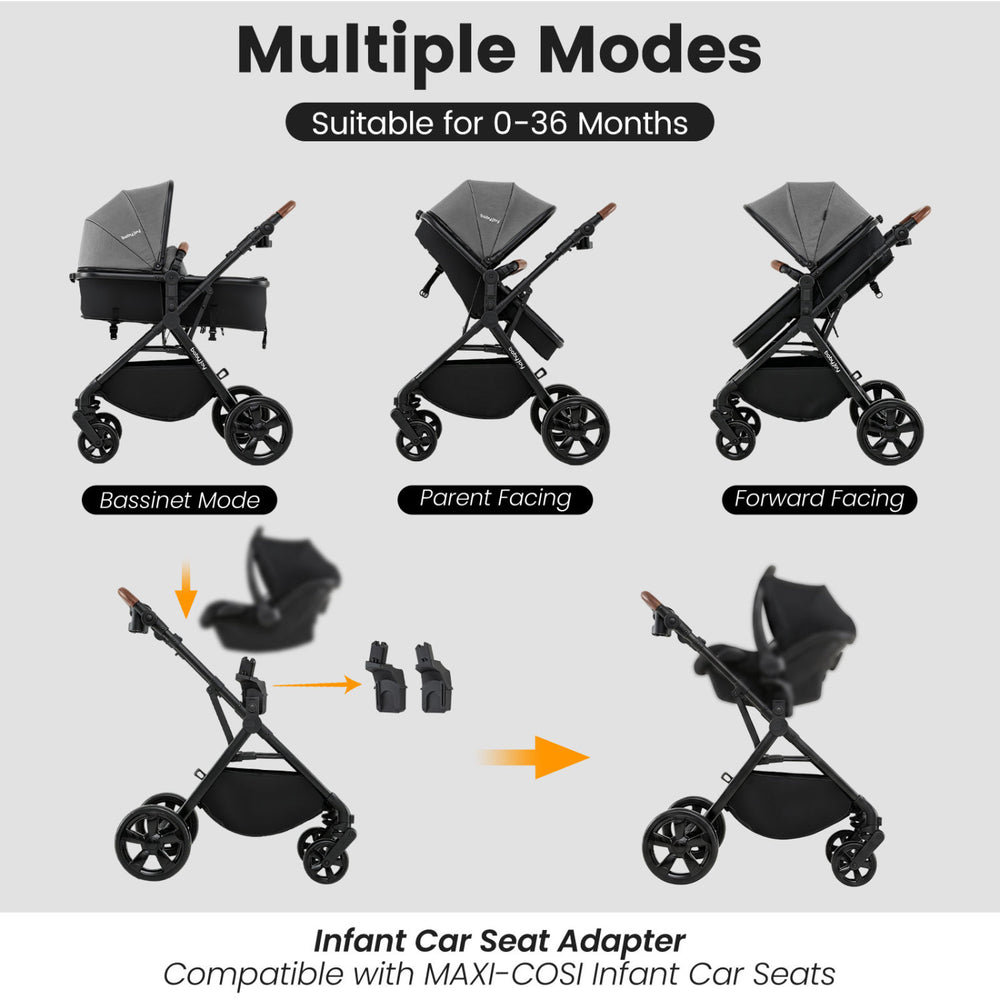 Convertible gray baby stroller with multiple modes, including bassinet and parent-facing options, suitable for 0-36 months.