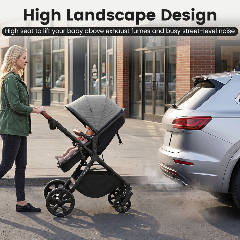 Convertible gray baby stroller with high landscape design, featuring a retractable canopy and adjustable handlebar for comfort.