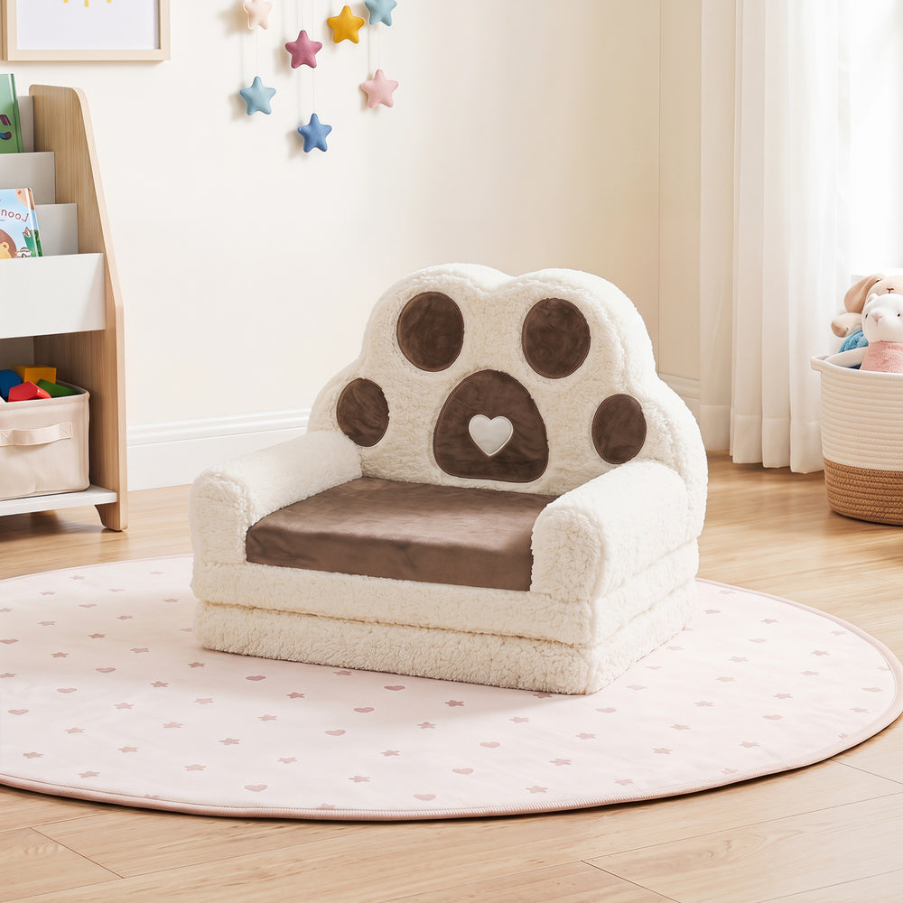 Kids 2-in-1 convertible sofa lounger in brown with bunny paw design, perfect for playrooms and nurseries.