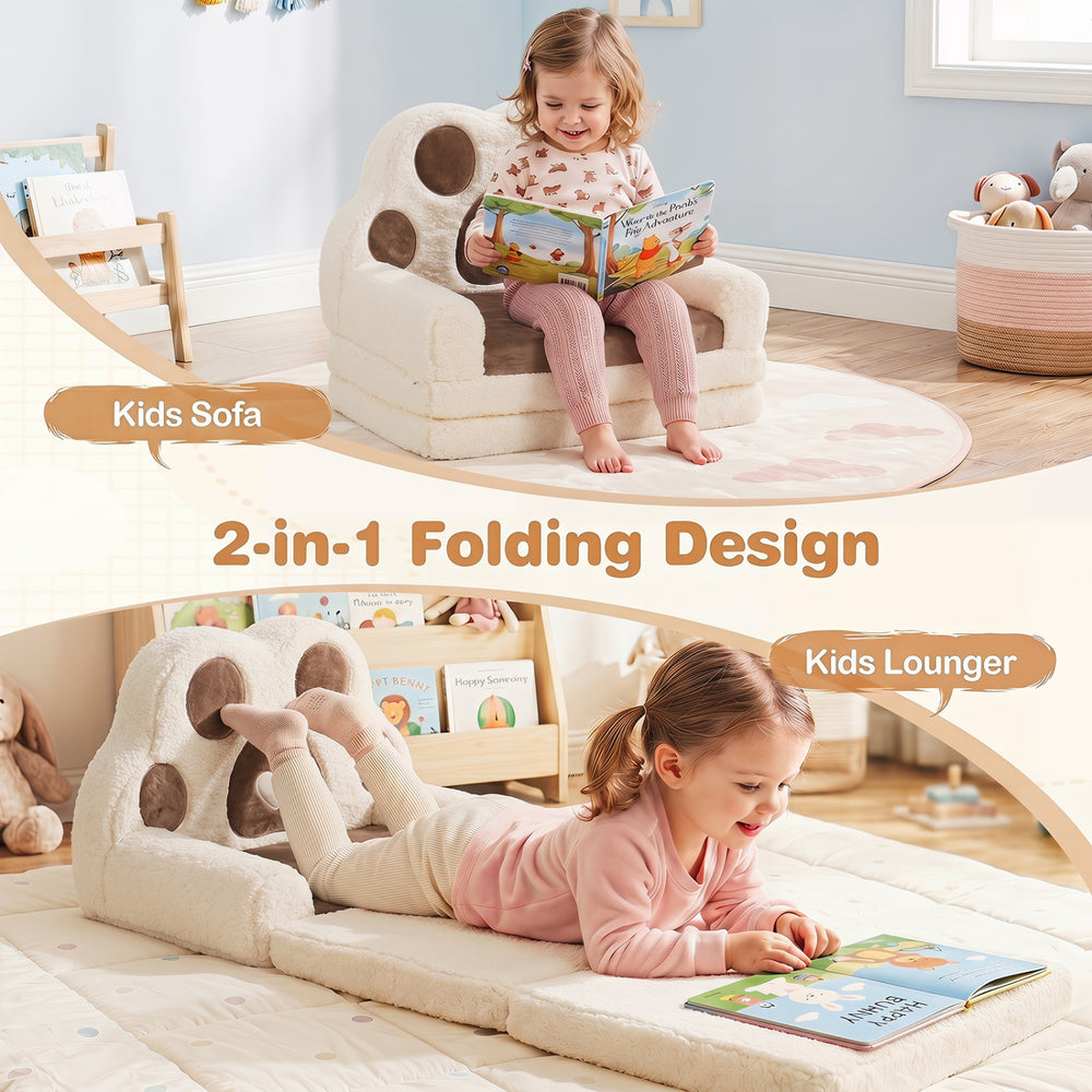 Kids sofa and lounger in brown with bunny paw design, featuring a cozy removable cover for playrooms and nurseries.