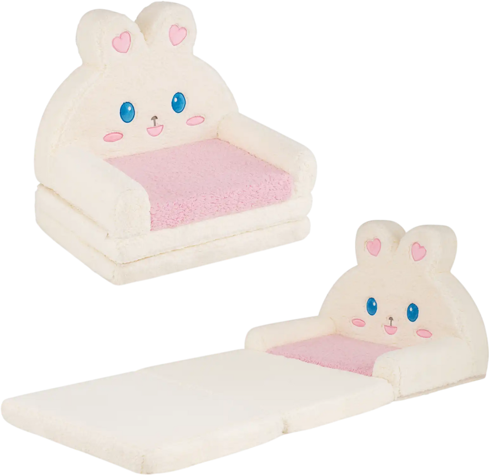 Convertible kids sofa with bunny pattern in pink, transforms from sofa to lounger for playful comfort.
