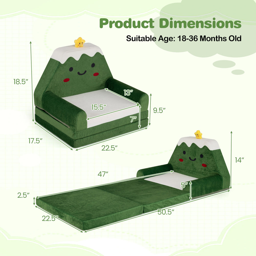 Green 2-in-1 convertible kids sofa to lounger with Christmas patterns, dimensions shown for ages 18-36 months.
