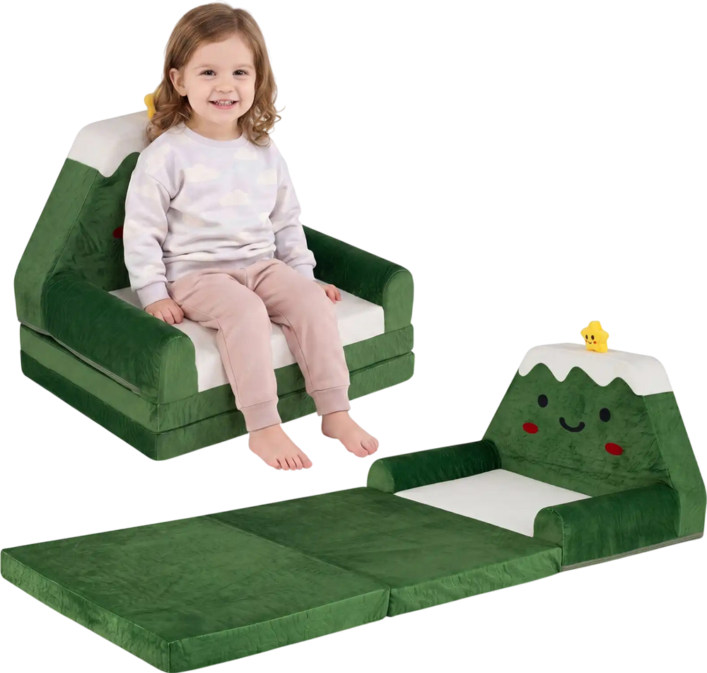 Convertible kids sofa in green with Christmas patterns, transforms into a lounger for playful comfort.