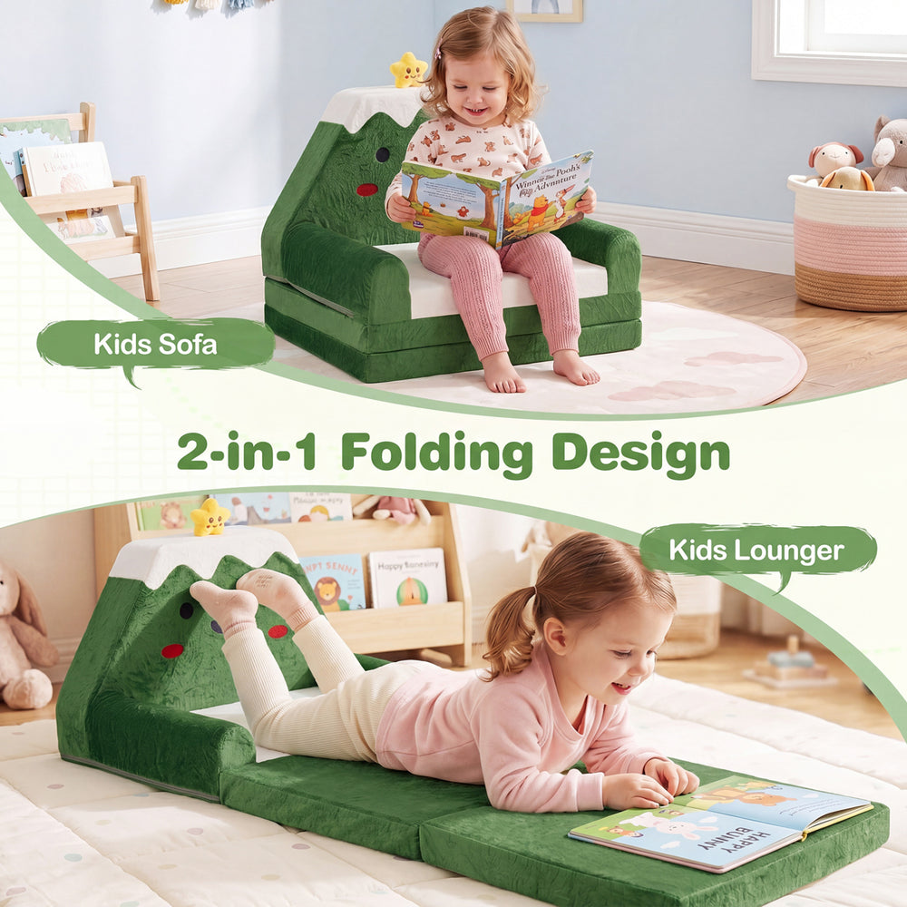 Convertible kids sofa and lounger in green with Christmas patterns, perfect for reading and relaxing.