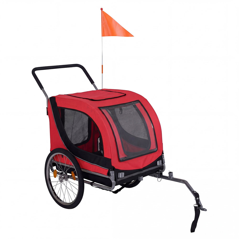 Red 2-in-1 dog bike trailer with breathable mesh windows, foldable frame, and safety flag for biking and strolling.