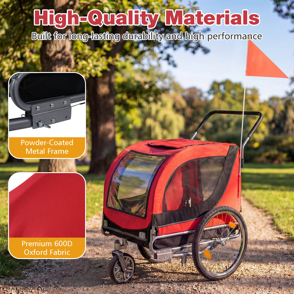 2-in-1 red dog bike trailer with breathable mesh windows and powder-coated metal frame for biking and strolling.