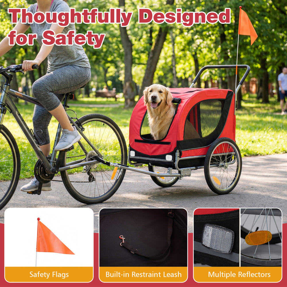 Red 2-in-1 dog bike trailer with breathable mesh windows, safety flag, and built-in leash for secure pet transport.